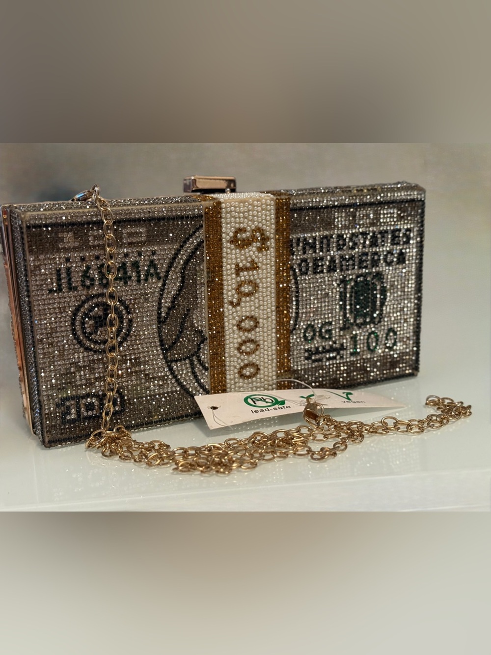 Crystal Rhinestone Stack Of Cash Novelty Clutch Purse Chain Strap Sling Bag